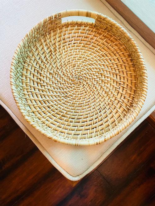 Handwoven Cane Serving Tray With Designer Handle