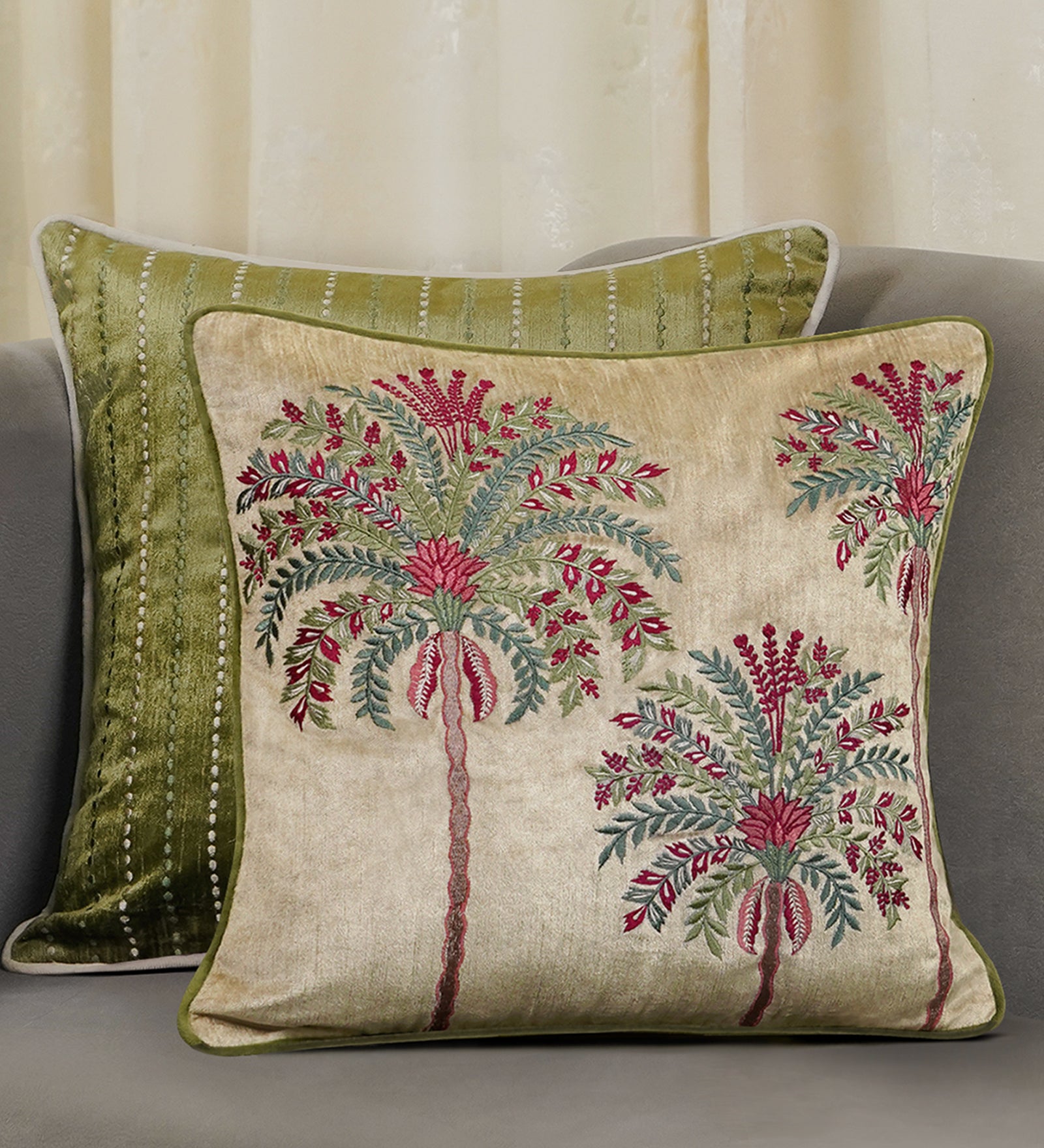 Udaya Palm Embroidery Cushion Cover - 18x18