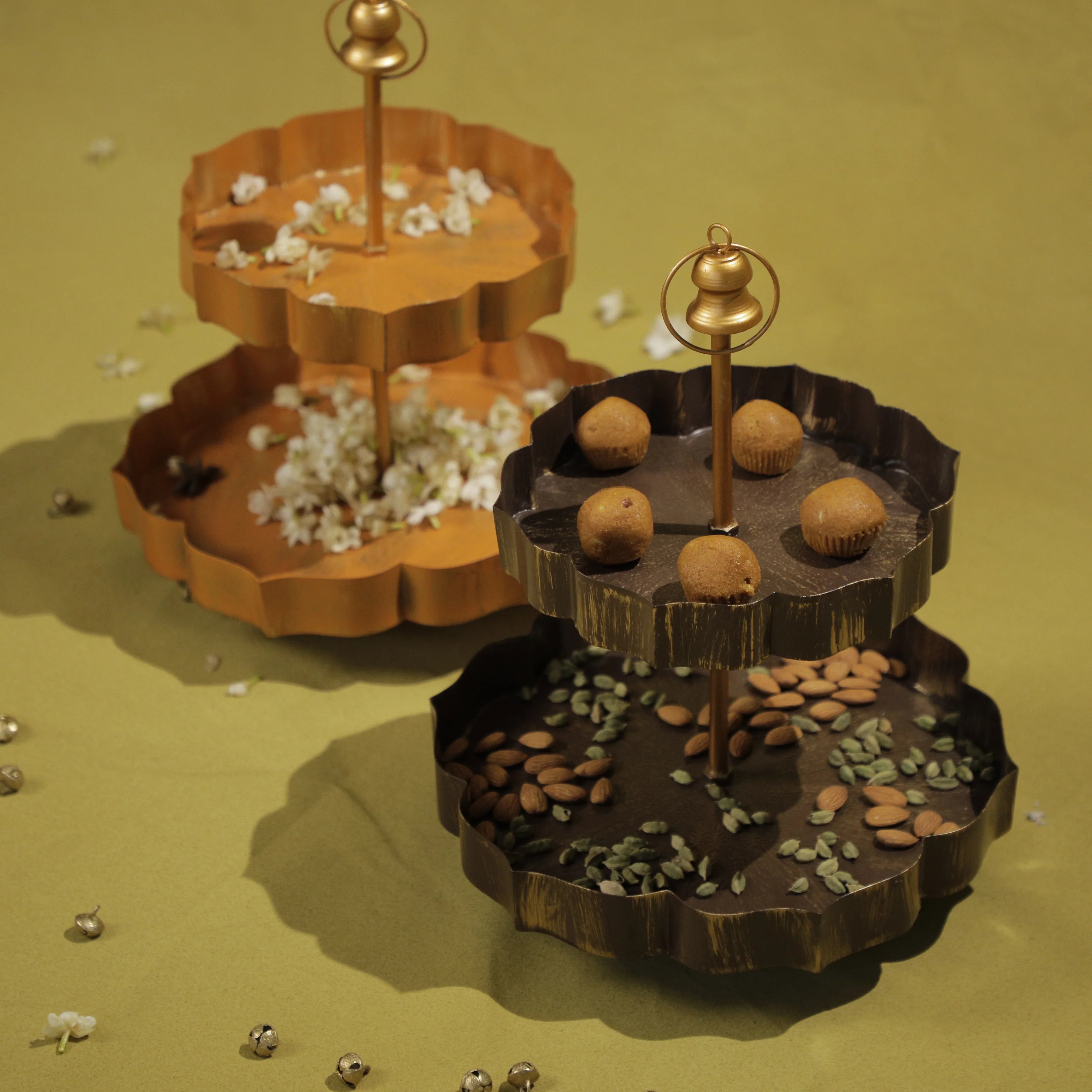 Handcrafted Two-Tier Metal Flower-Shaped Urli Stand