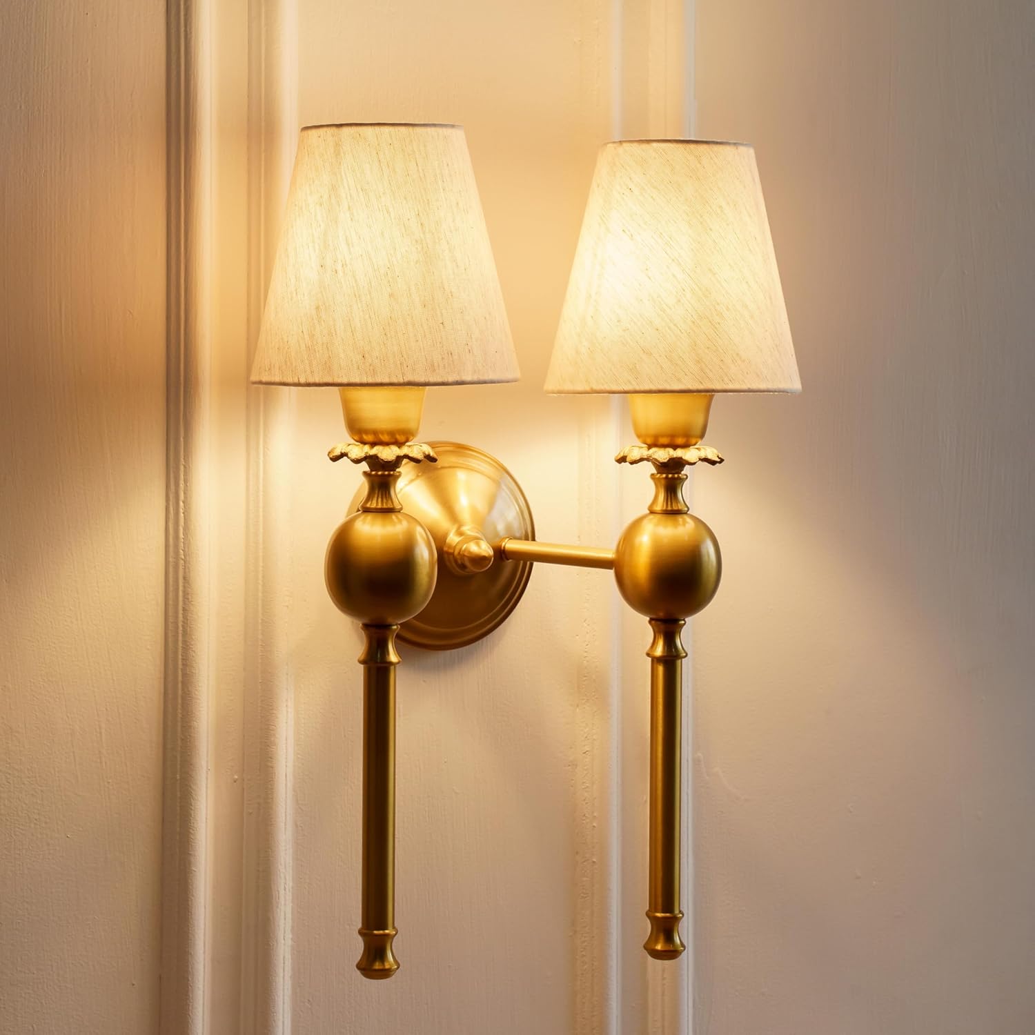 Double Ball Wall Lamp Antique Brass Finish with Off White Shade for Living Room, Bedroom and Home Decoration