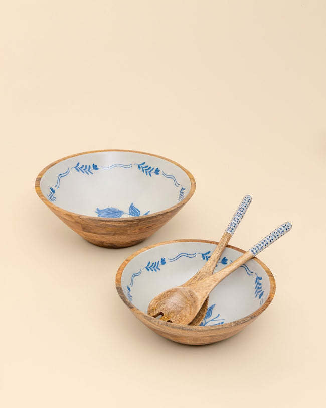 Frosted Wooden Salad Bowl - 10 + Servers