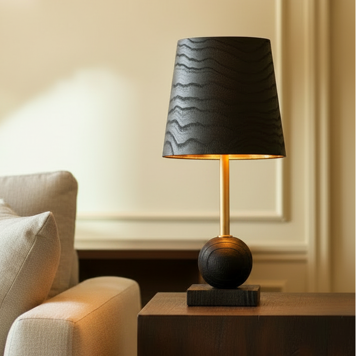 Ebony Modern Wooden Table Lamp for Living Room | Black Finish Night Lamp for Bedside, Study