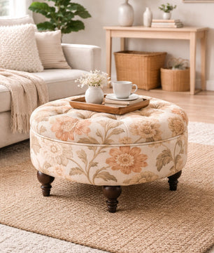 Miyabi Floral Velvet Round Ottoman with Sagwan Wood
