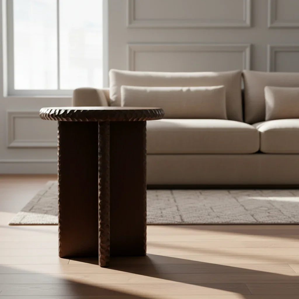 Naqsh Mango Wood Side Table | Ribbed Wooden End Table for Living Room & Bedroom