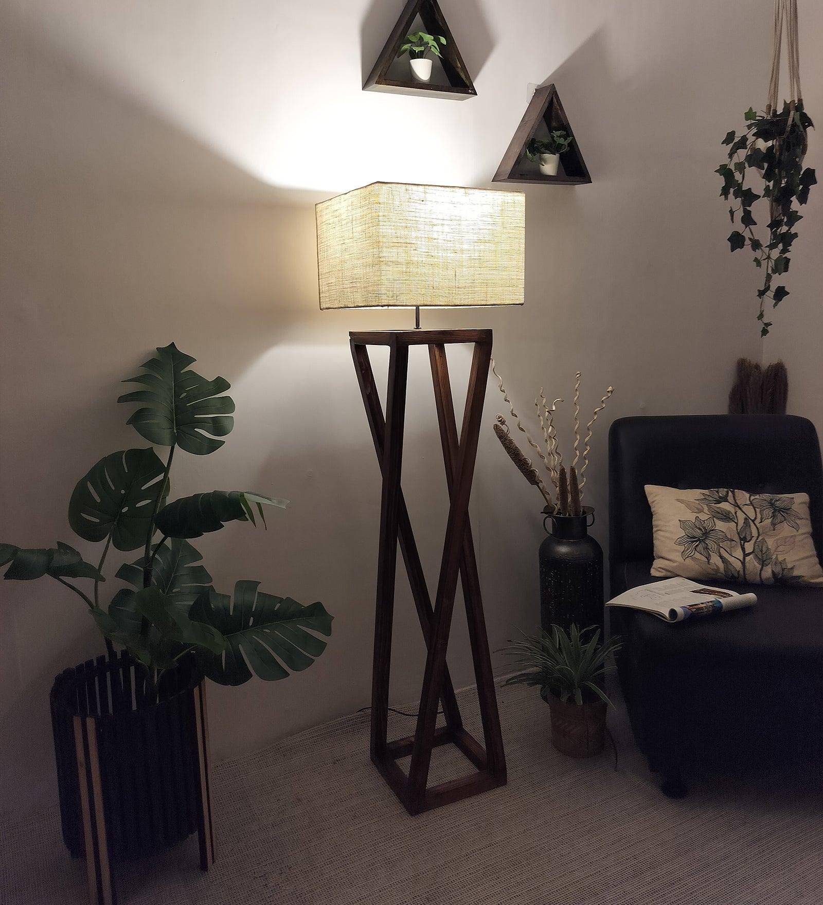 Remy Wooden Floor Lamp with Brown Base and Beige Fabric Lampshade