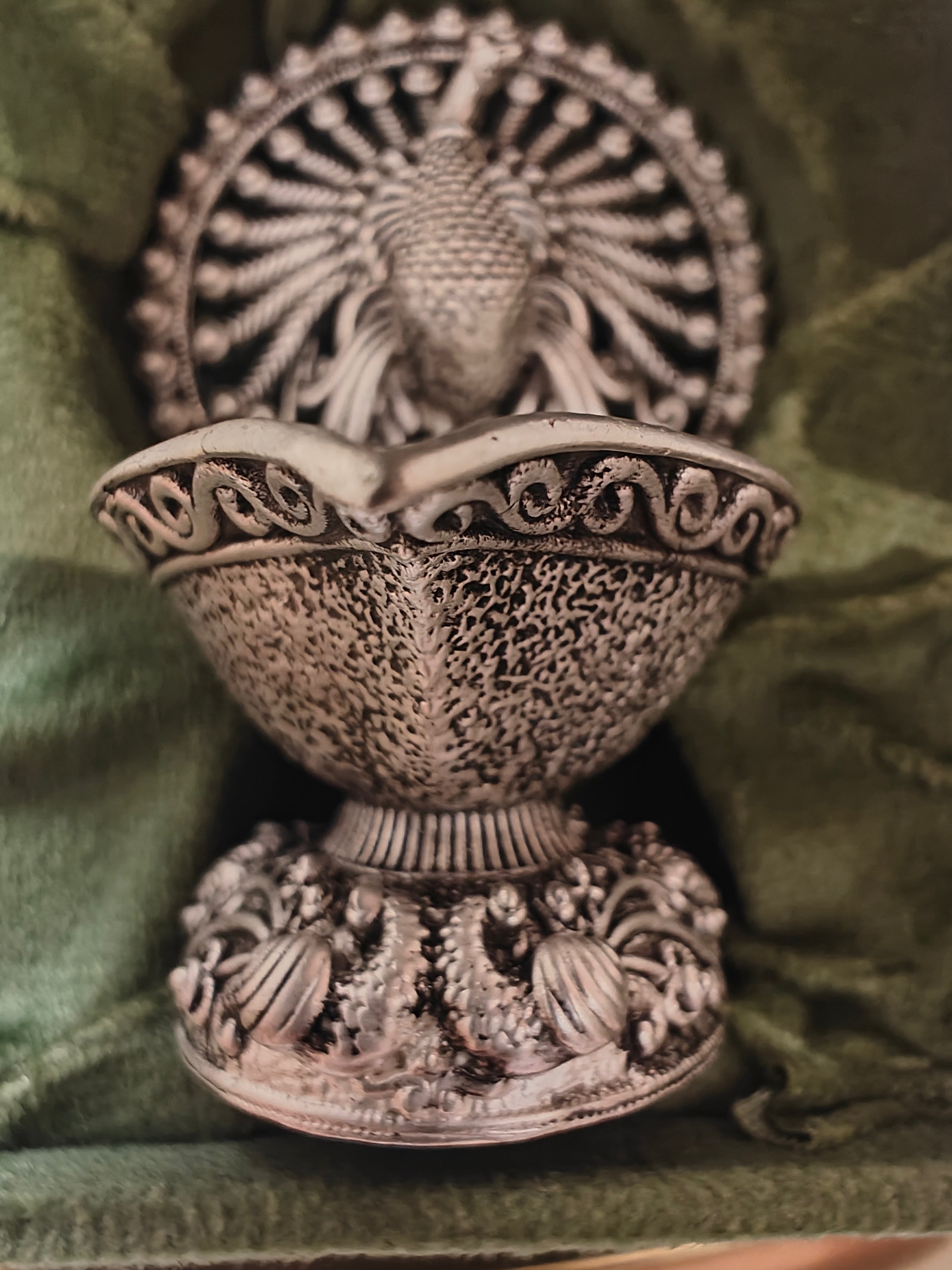 Pure Silver Plated Brass Peacock Diya