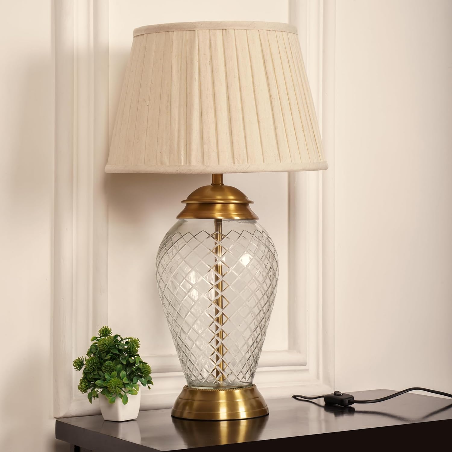 Royal Pure Brass Antique Finish And Diamond Cut Glass Table Lamp 23 Inches Height With Off White Pleated 14 Inches Diameter Lampshade