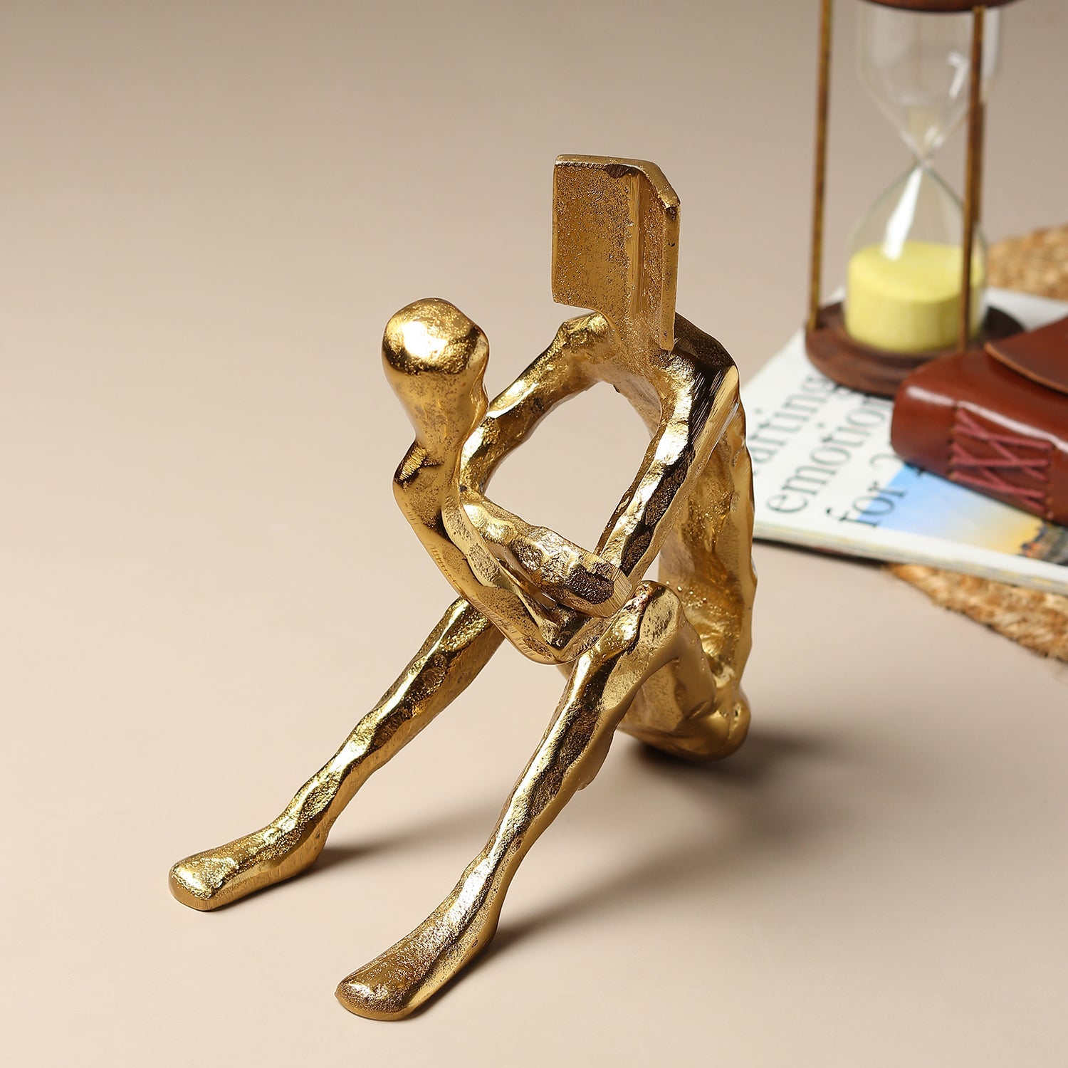 Pensive Reader Decorative Sculpture | Gold Aluminium Reading Figurine for Bookshelf & Home Décor