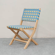 Visby Foldable Teakwood Dining Chair with Blue & Cream Rattan Weave | Wooden Chair