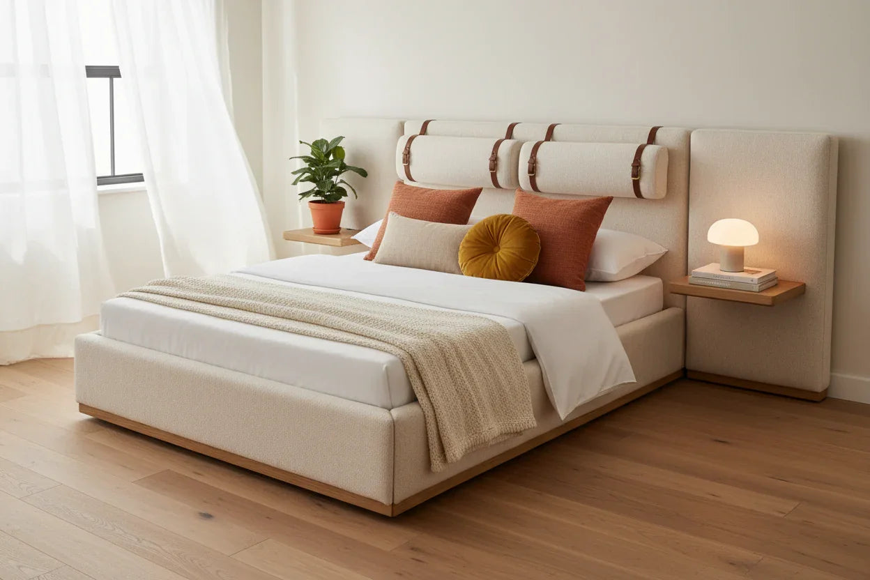 Osvira Solid Teak Wood And Fabric Upholstered King Size Bed