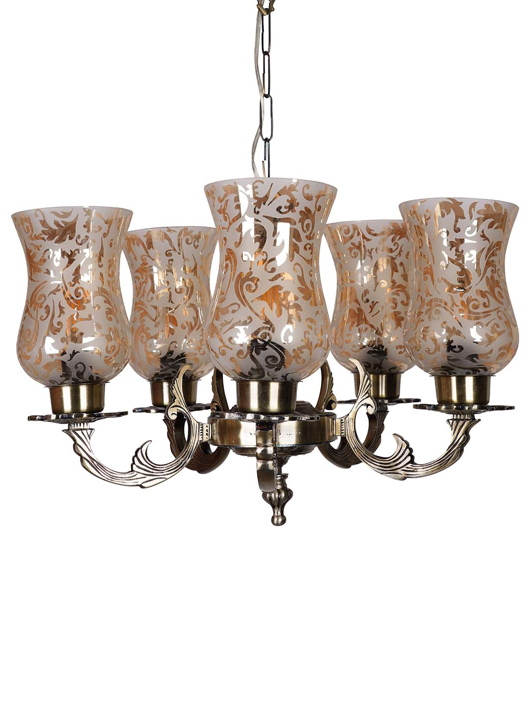 Antique Aluminium 5 Light Lustre Etched Glass Ceiling Hanging