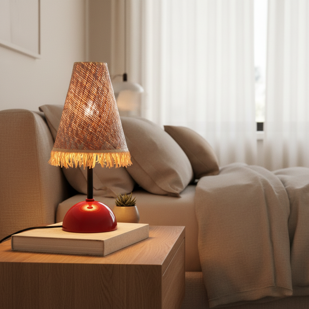 Pomelo Decorative Table Lamp | Cherry Red Bedside Table Lamp with Wicker Shade for Home Décor