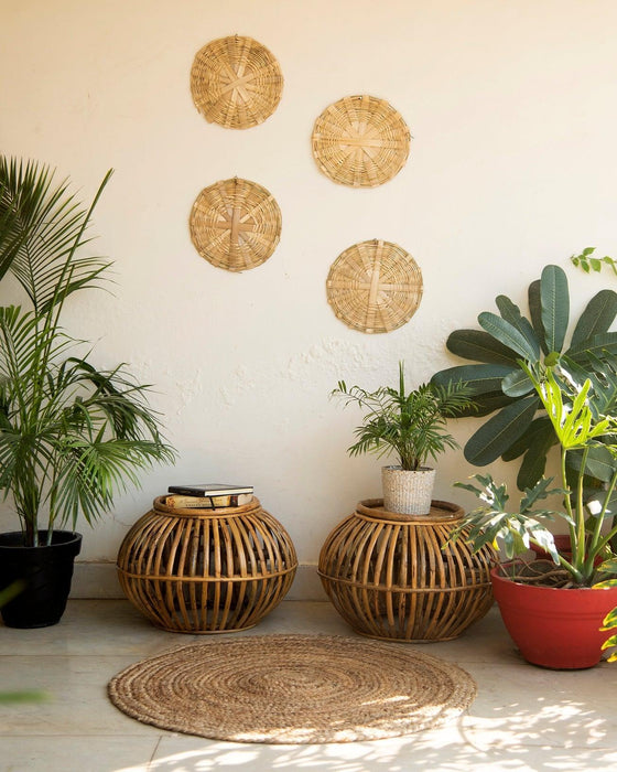 Decorative Natural Bamboo Handwoven Basket Plate For Wall Decor - Set Of 4