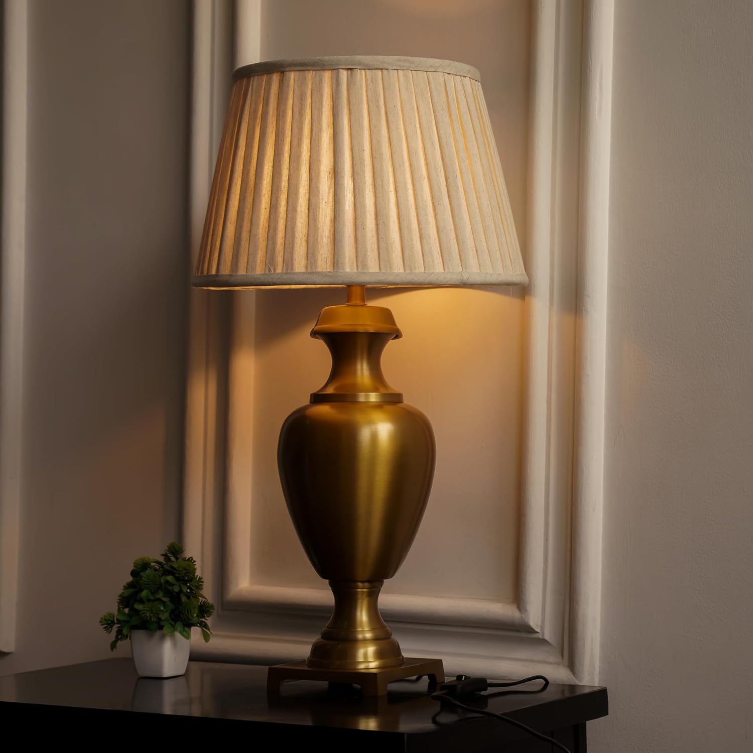 Royal Brass Antique Gold Finish Trophy Table Lamp 27 Inches Height With Off White Pleated 14 Inches Diameter Lampshade