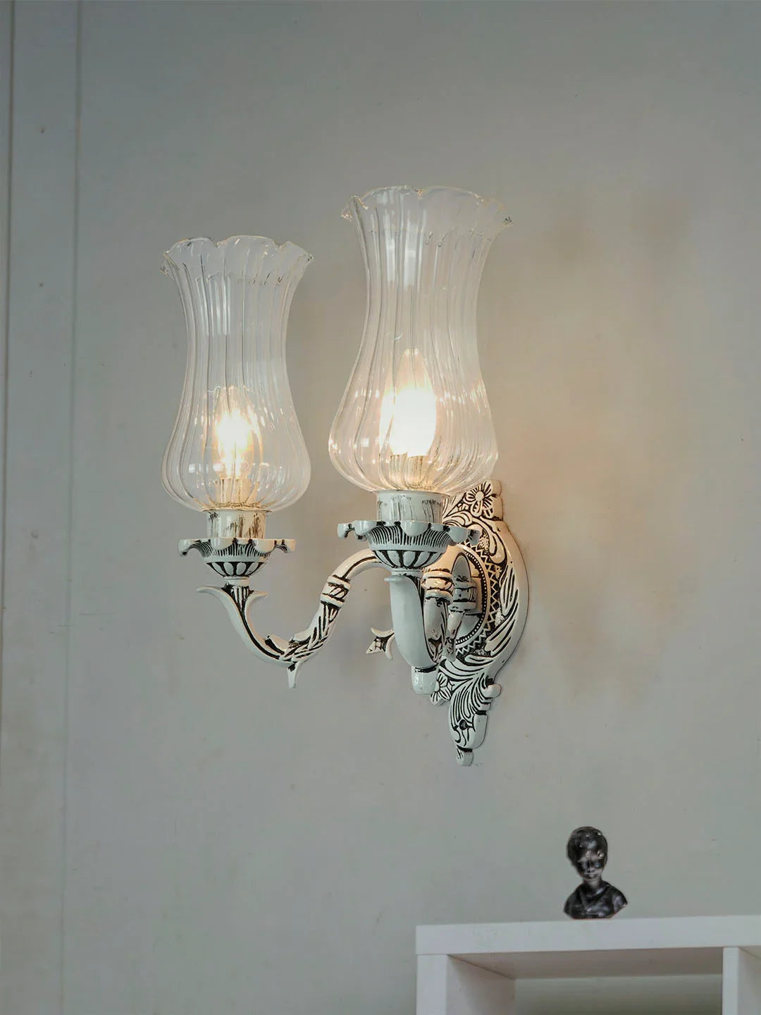 Traditional Swan Double Wall Lamp in Antique White with Fluted Glass Shades