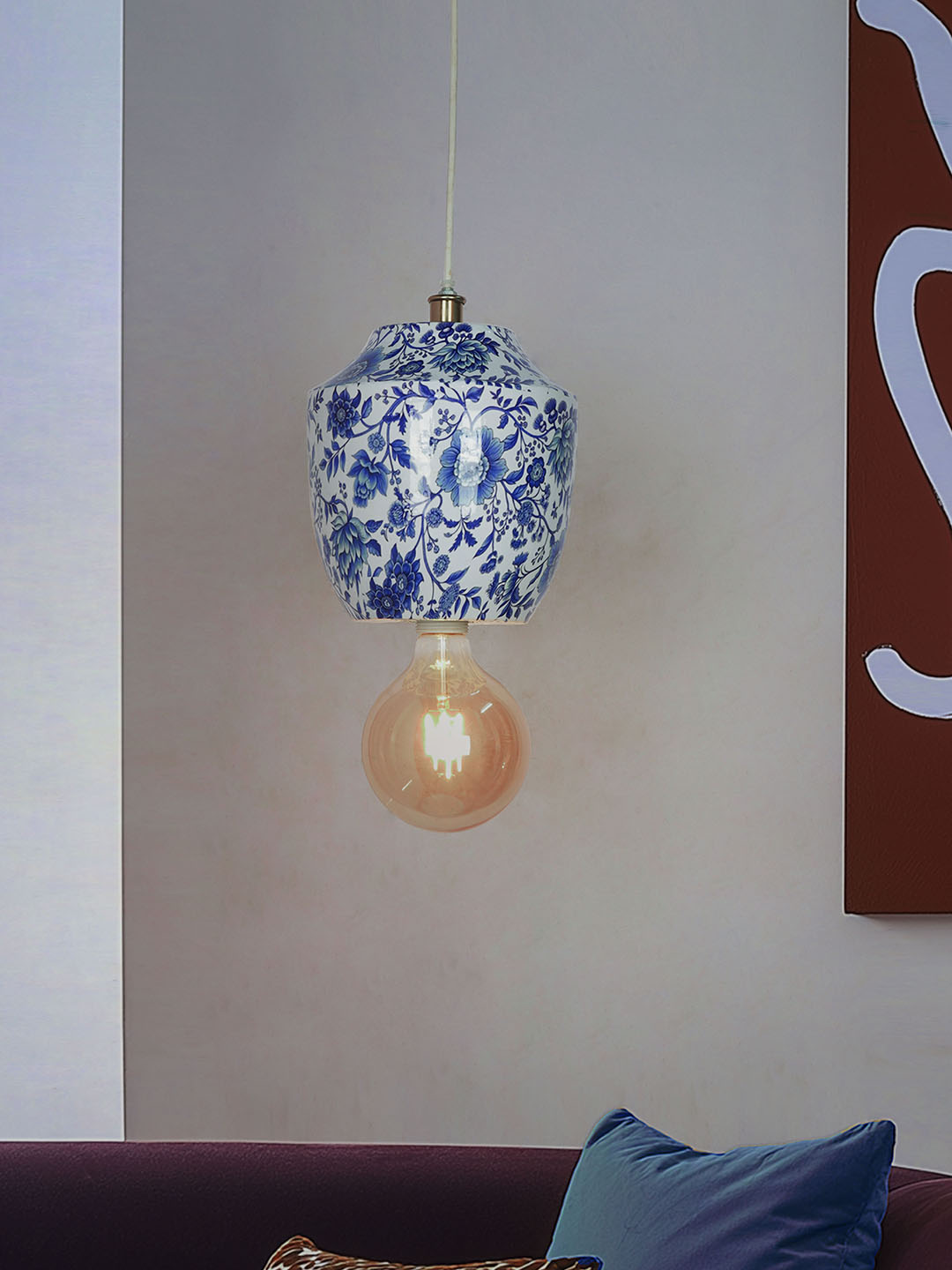 Chinoiserie Pendant Light, Blue White
  Floral Print, Metal Jar Shaped, Traditional Hanging Lamp,