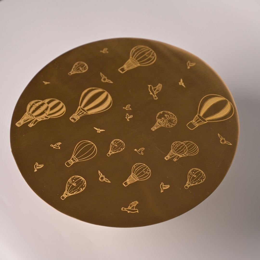 Pure Brass Cake Stand – Laser-Etched Hot Air Balloon Design | Luxury Dessert Stand for Parties, Weddings & Festive Serving