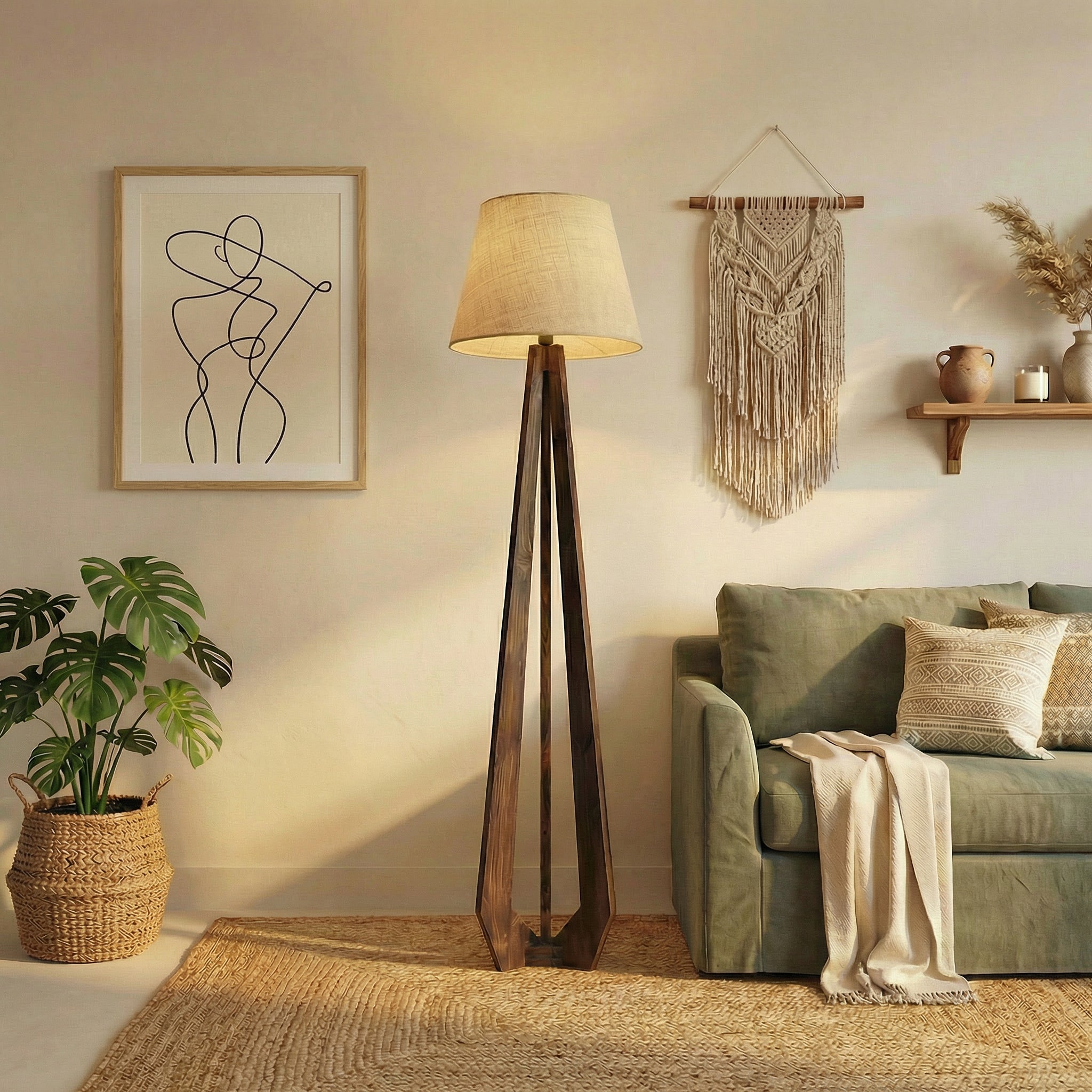Zoe Wooden Floor Lamp with Jute Fabric Lampshade
