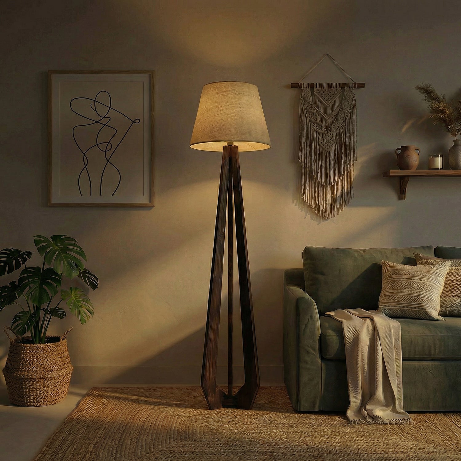 Zoe Wooden Floor Lamp with Jute Fabric Lampshade