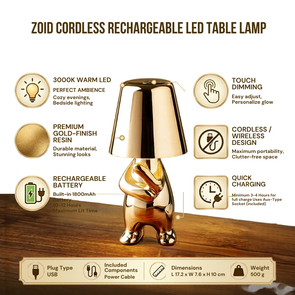 Zoid Cute Cordless Table Lamp | Rechargeable Dimmable LED Decorative Lamp for Bedside & Living Room