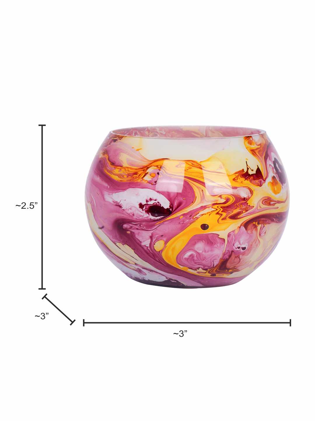 Swirling Sunset: Round Glass Tea Light Holder with Red & Yellow Marble Effect