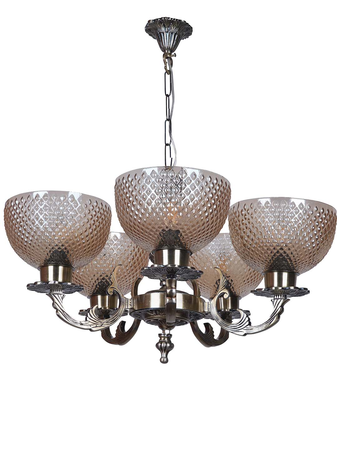Classic Meena Aluminium 5 Lights Glass Chandelier in Antique Brass Finish