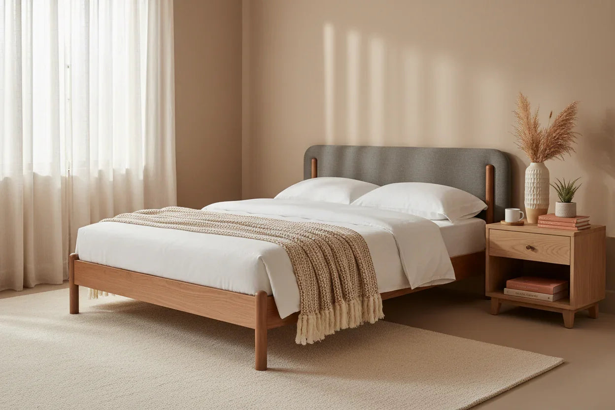 Atheron Solid Ash Wood And Headboard Upholstery King Size Bed