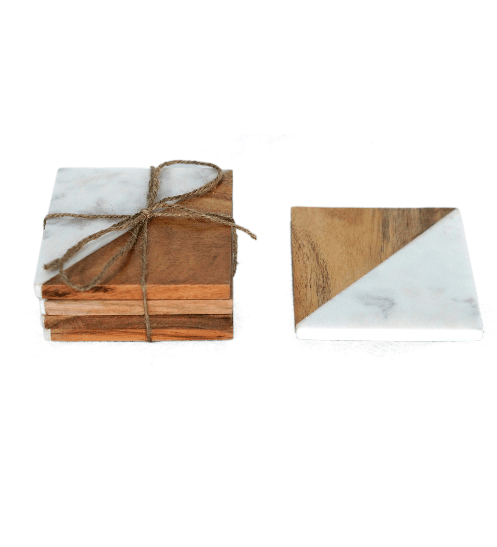 Unique White Marble and Wooden Tea/Coffee/Cocktail Coaster Set of 4 pcs, Table Decorative Cocktail Coaster (Square) Heat-Resistant Coasters for Hot & Cold Beverages