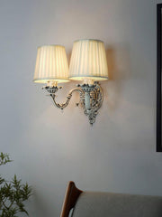 Traditional Swan Double Aluminium Wall Lamp in Antique White with Pleated Fabric Shades