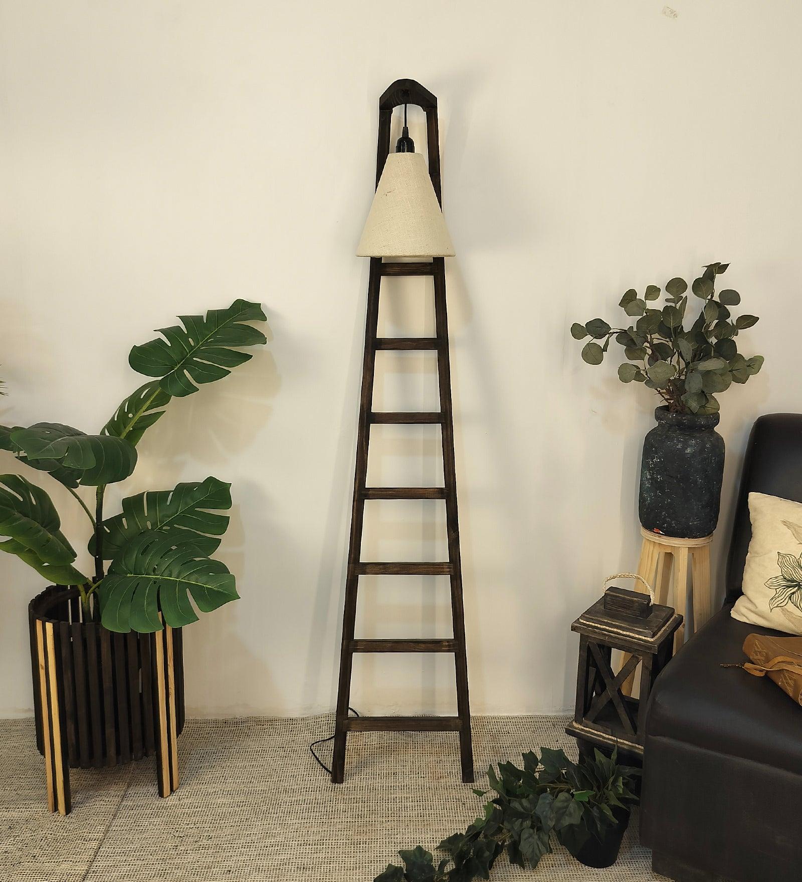 Stairway Wooden Floor Lamp with Brown Base and Jute Fabric Lampshade