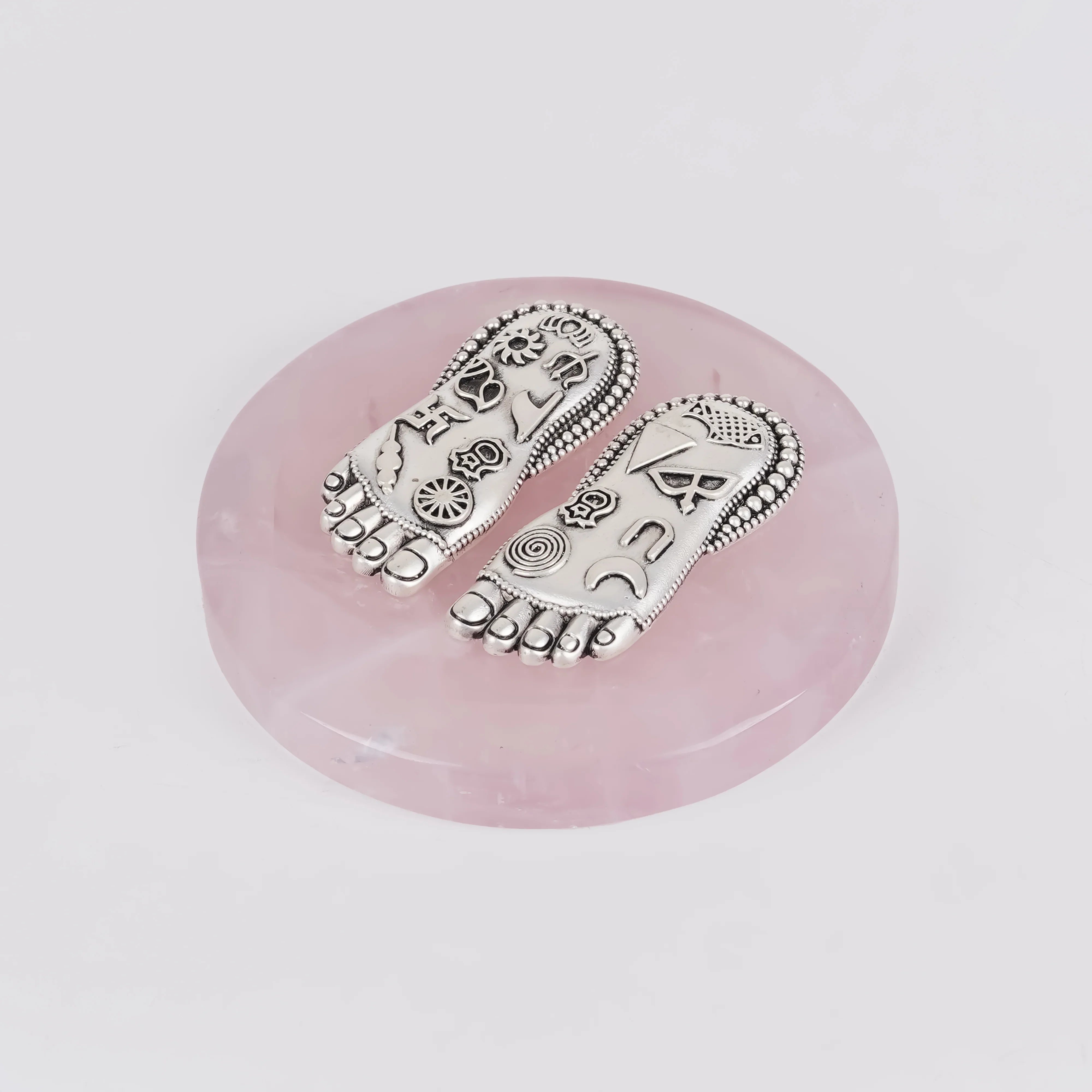 Silver Plated Brass Lakshmi Charan | Sacred Goddess Feet With Ashtamangala Symbols On Rose Quartz