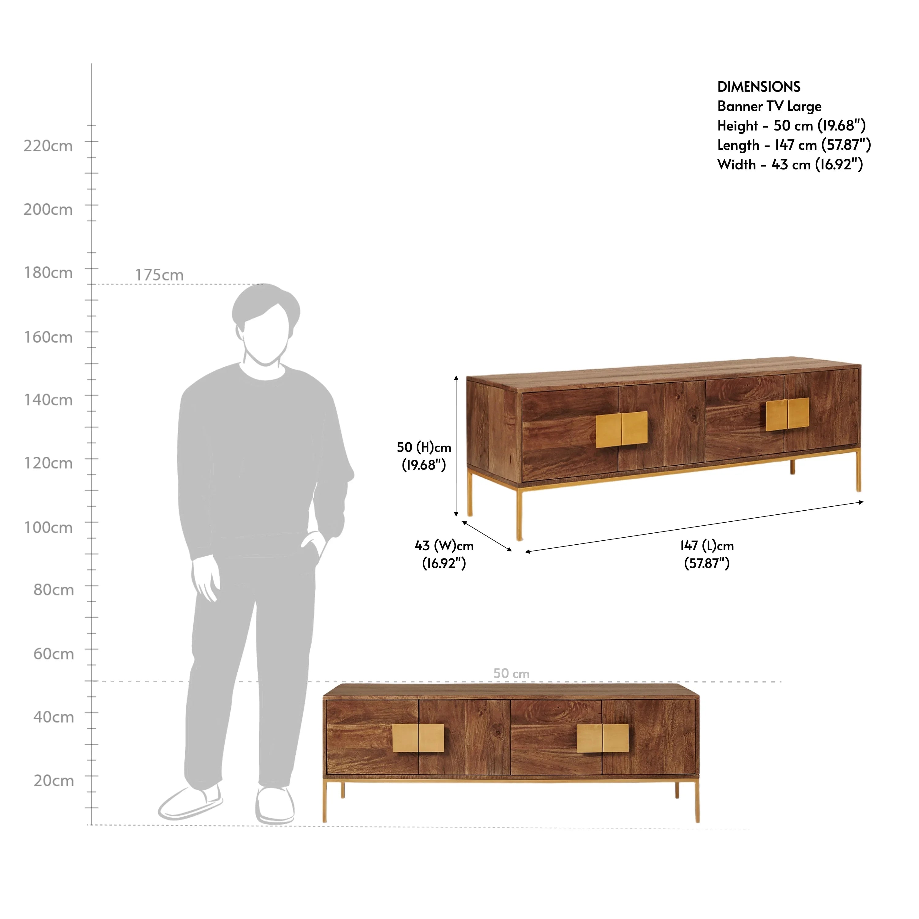 Designer TV Unit for Living Room | Mango Wood TV Console with Brass Handles | TV Cabinet with Storage