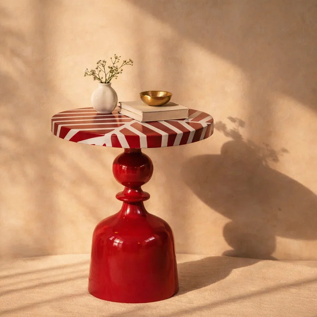 Ruby Red Iron Side Table | Glossy Metal Pedestal Accent Table for Living Room