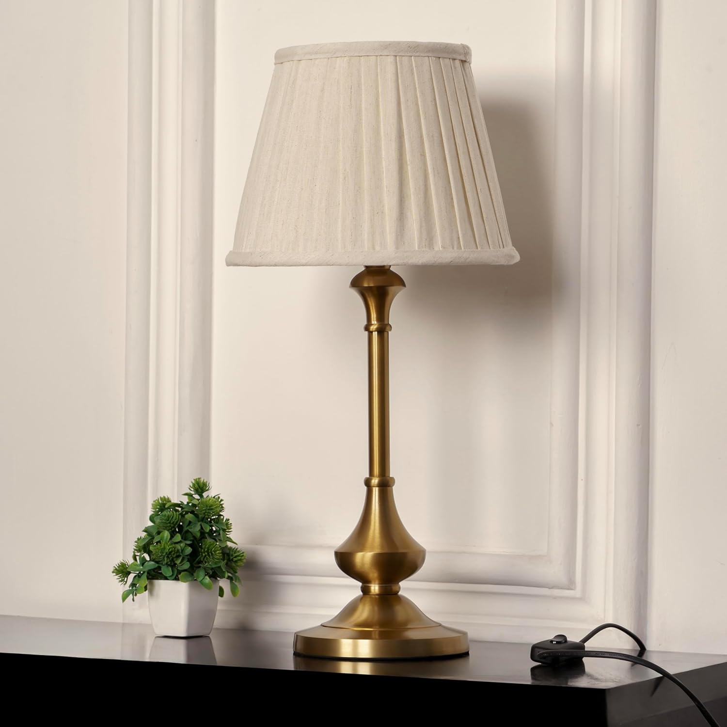 Brass Antique Gold Finish Table Lamp 22 Inches Height with Off White Pleated 10 Inches Diameter Lampshade