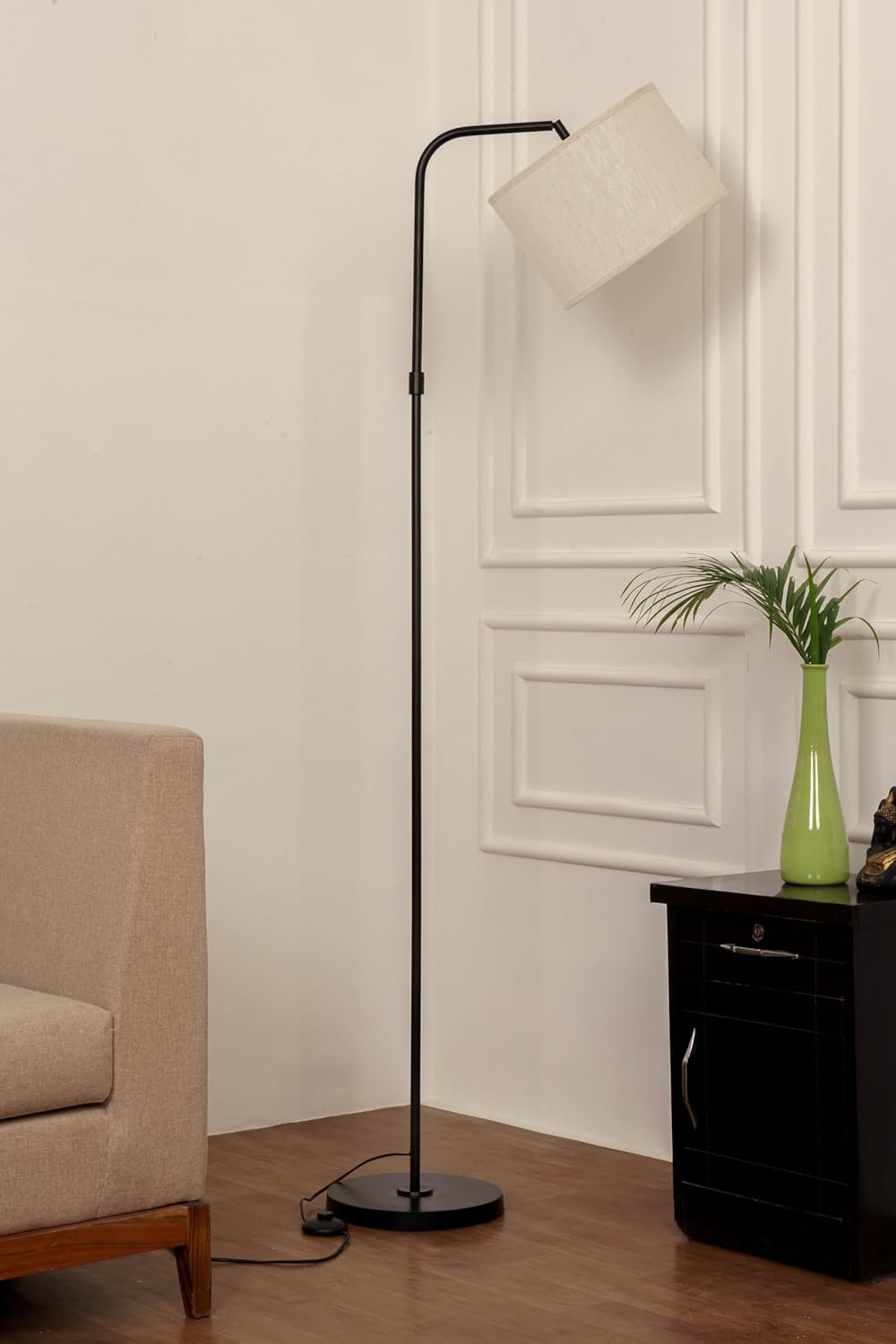 Black Polished Modern Arc Floor Lamp with Adjustable Shade 6Ft Height with 12 inches Off White Drum Lampshade Pack of 1 - Led Bulb Included