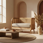 2 Seater Wooden Sofa | Solid Mango Wood Sofa with Upholstered Linen Seating