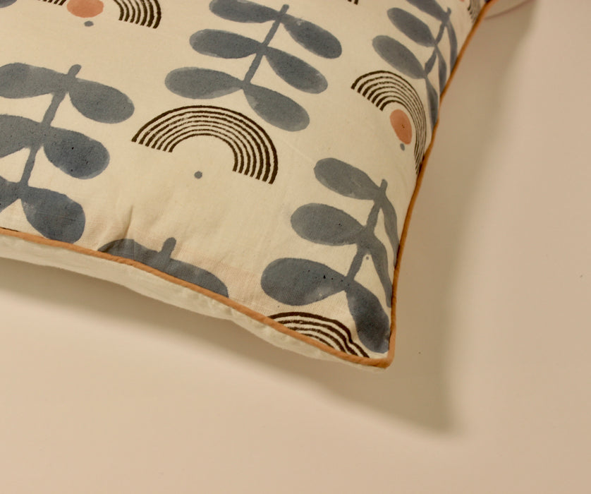 Mid-modern Floral Block Printed Cotton Cushion Cover
