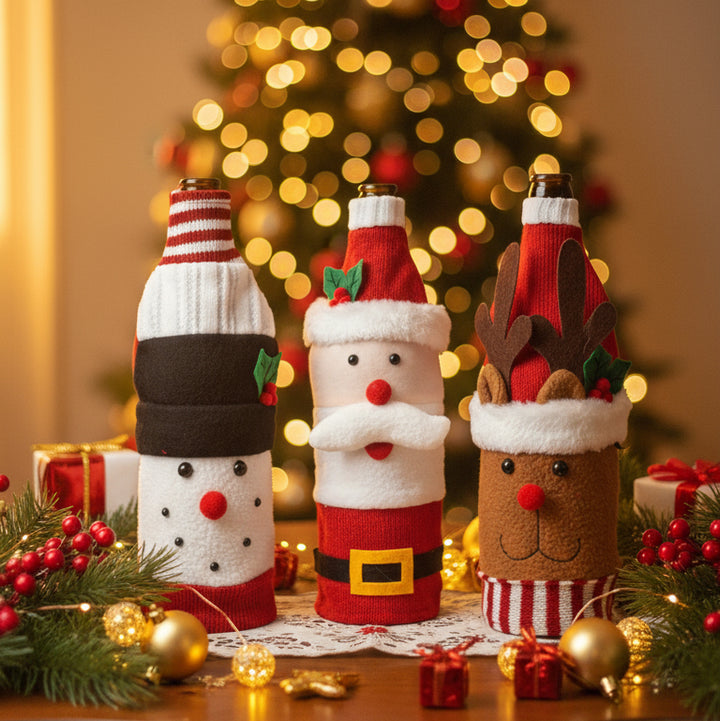 Christmas Wine Bottle Covers – Santa, Snowman & Reindeer Knitted Gift Wraps- Set of 2