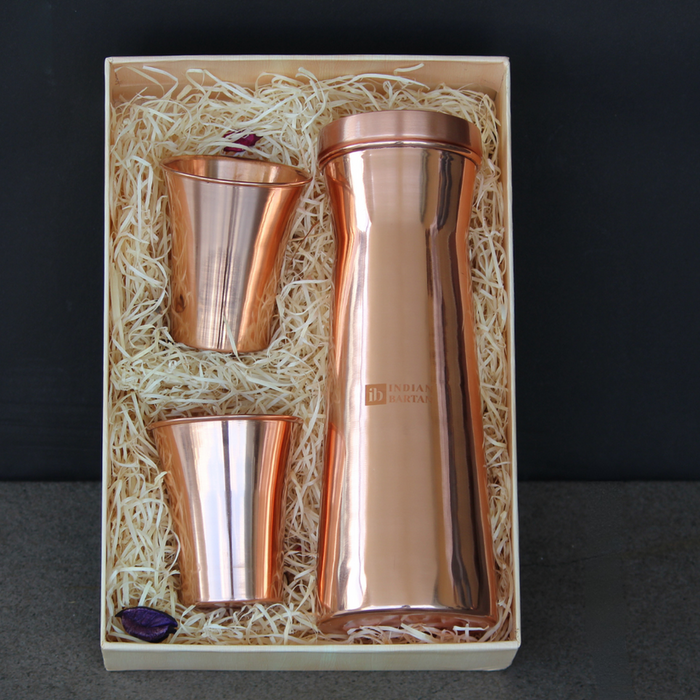 Glossy Copper Flask Set & Water Carafe for Dining | Tumbler with Tamba Glases