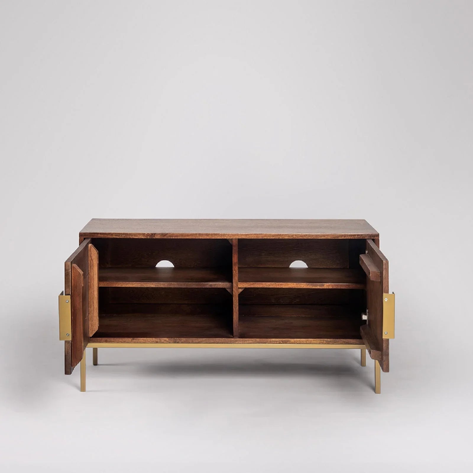 Designer TV Unit for Living Room | Mango Wood TV Console with Brass Handles | TV Cabinet with Storage