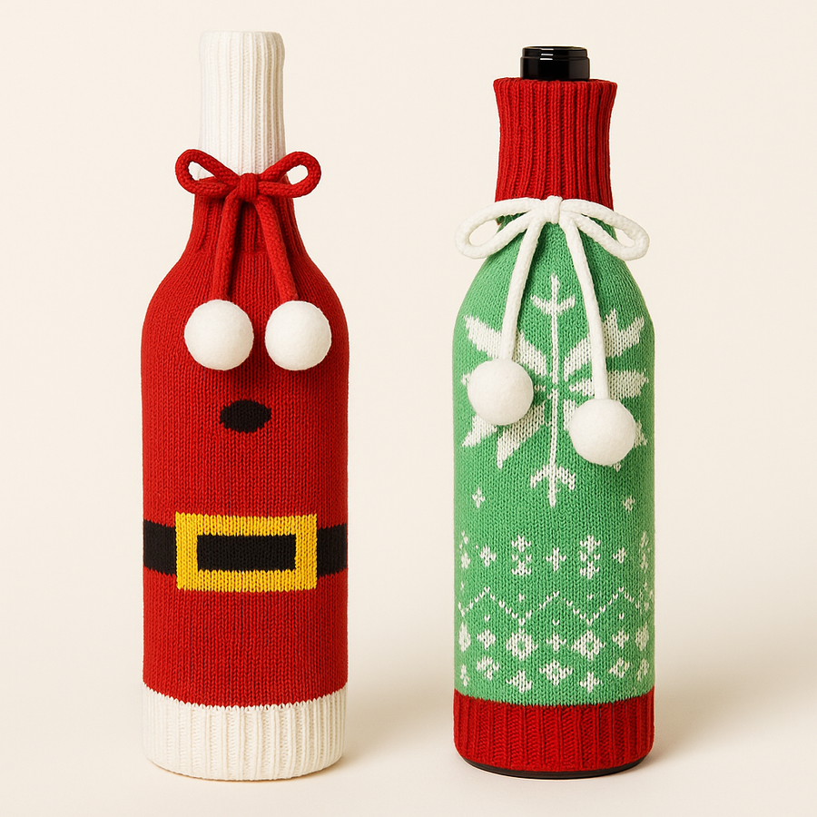 Woolen Christmas Wine Covers – Santa, Snowflake & Reindeer Design-Red Green