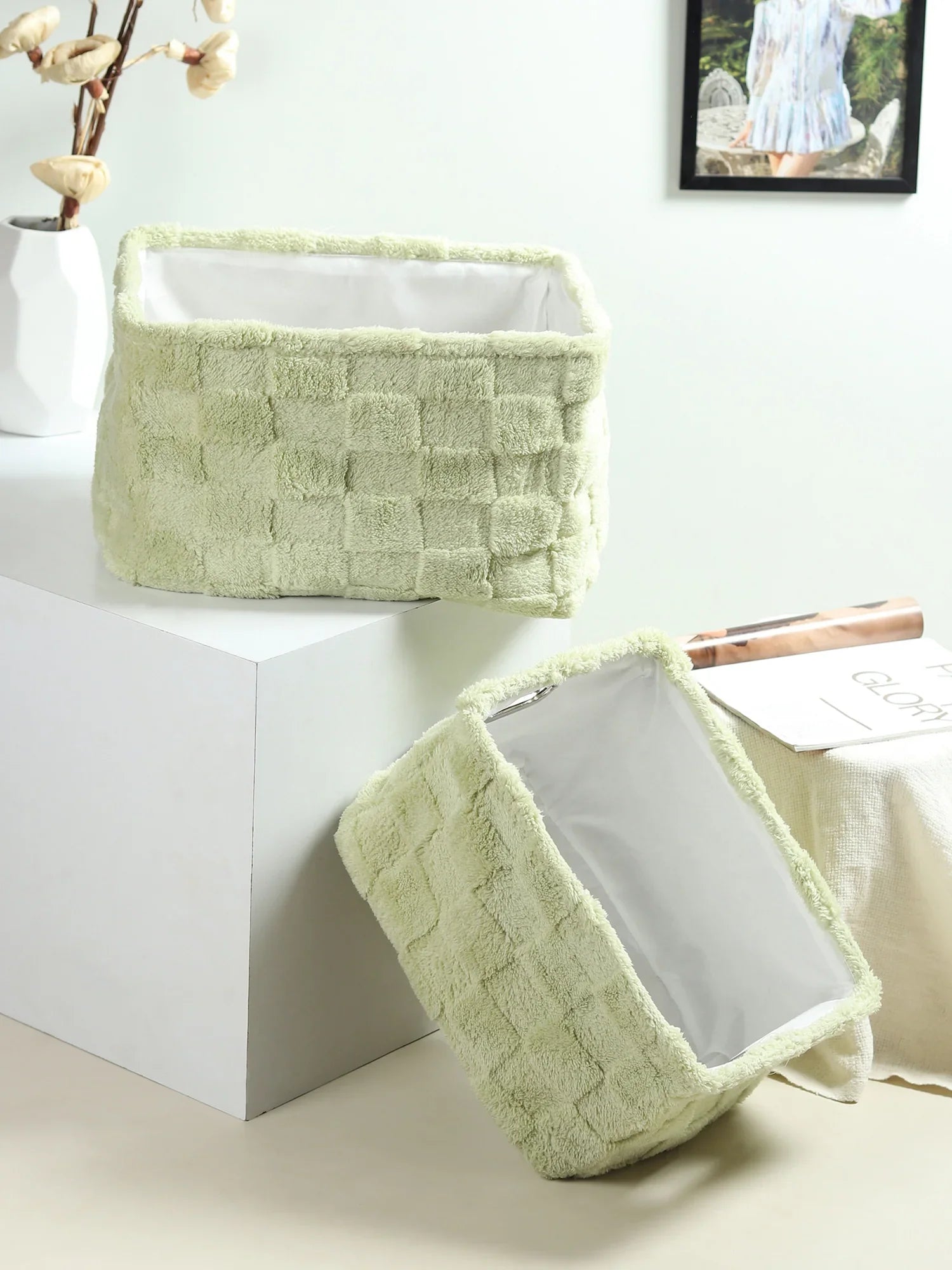 Soft Grid Plush Storage Basket Set of 2
