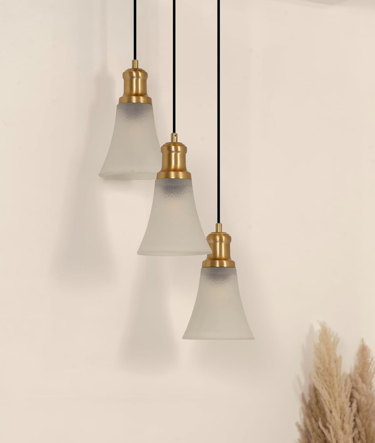 Triple Hanging Pendant Light Antique Brass Finish with Hammered Frost Glass for Living Room, Home Decoration