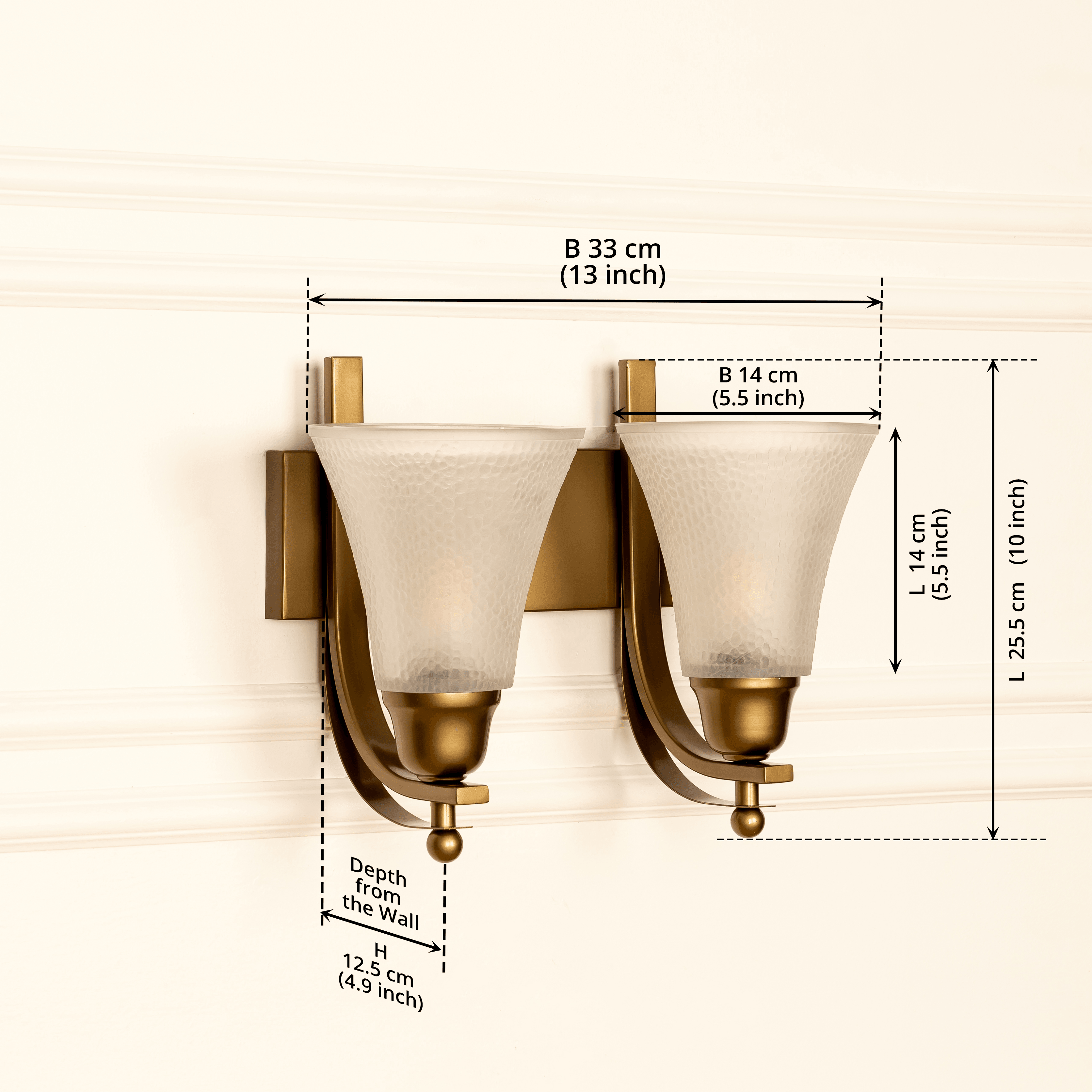 Brass Antique Finish Double Wall Lamp with Frosted Hammered Glass Shade | Bedroom Wall lights