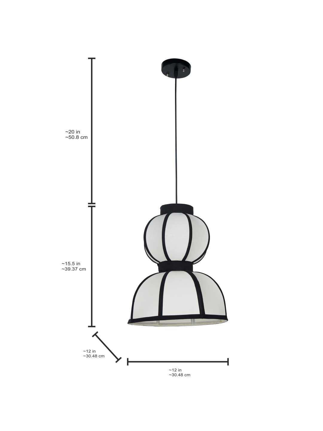 12-Inch Japandi Double Bowl Fabric
  Pendant | Zen Asian Style White Lantern with Black Structural Ribbing