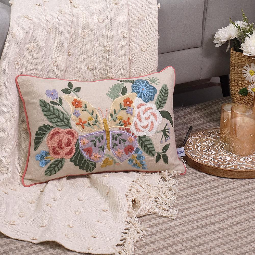Hand Embroidered Cotton Cushion Cover | Floral Appliqué Pillow Cover | Decorative Sofa Cushion Cover