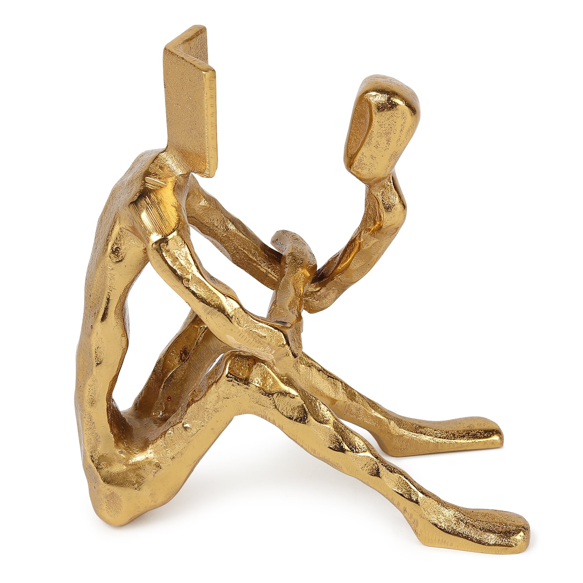 Pensive Reader Decorative Sculpture | Gold Aluminium Reading Figurine for Bookshelf & Home Décor