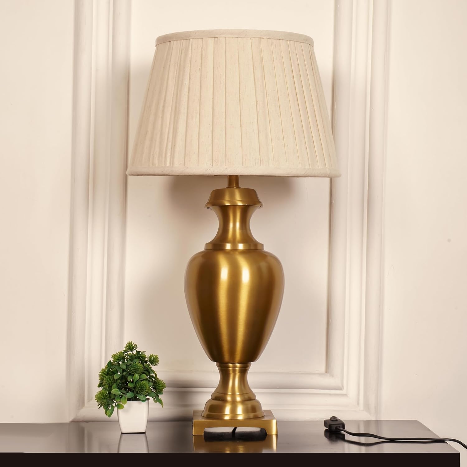 Royal Brass Antique Gold Finish Trophy Table Lamp 27 Inches Height With Off White Pleated 14 Inches Diameter Lampshade