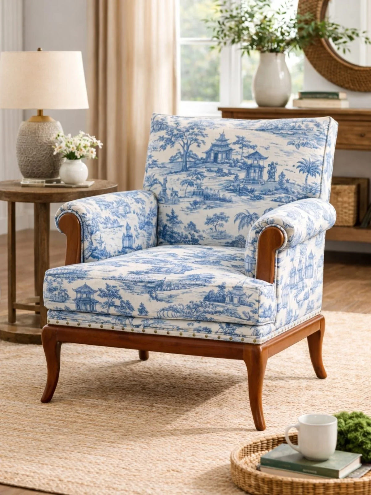 Aurelia Teak Wood Armchair | Modern Velvet Accent Chair for Living Room