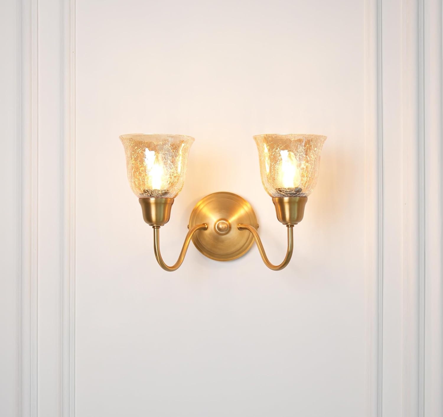 Double Curve Wall Lamp Antique Brass Finish with Cup Crackled Glass Shade for Living Room, Bedroom and Home Decoration